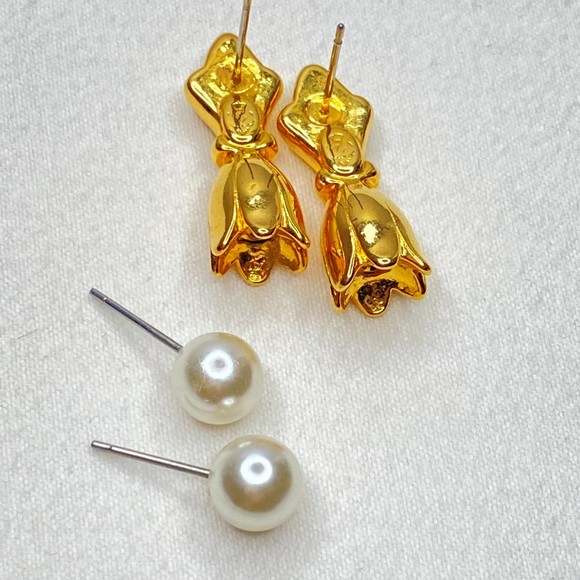 Three In One Earrings Gold Tone Tops With Detachable Faux Pearl Studs - Picture 5 of 14